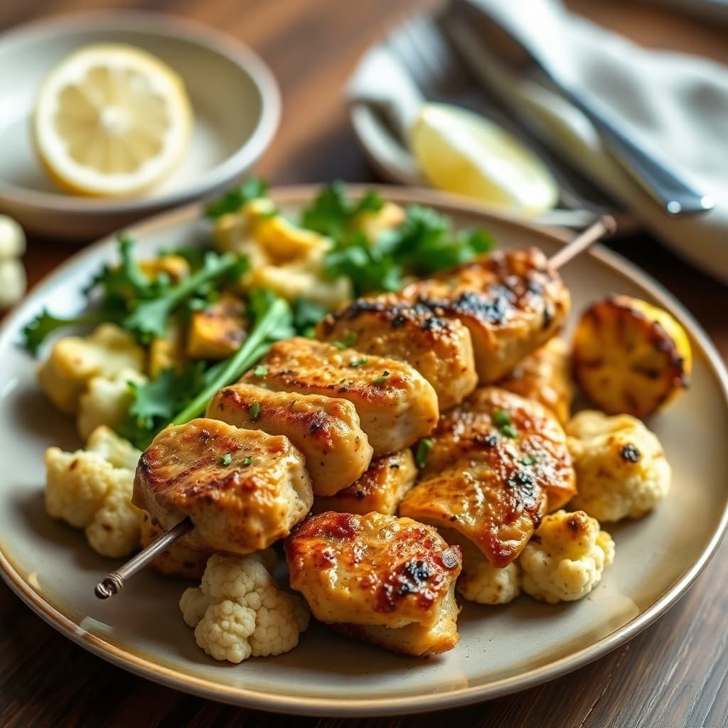 Zesty Lemon-Garlic Chicken Skewers with Roasted Cauliflower