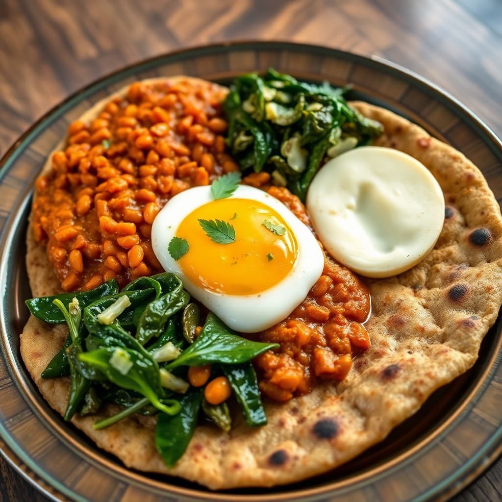 Ethiopian Misir Wat & Injera Breakfast Platter with Sautéed Gomen