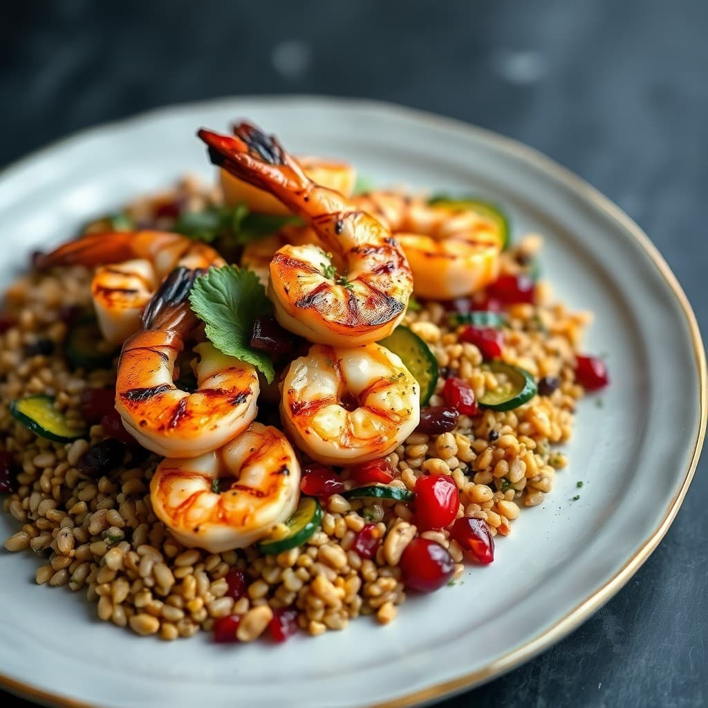 Turkish Grilled Shrimp Salatasi with Charred Zucchini & Farro Pilaf