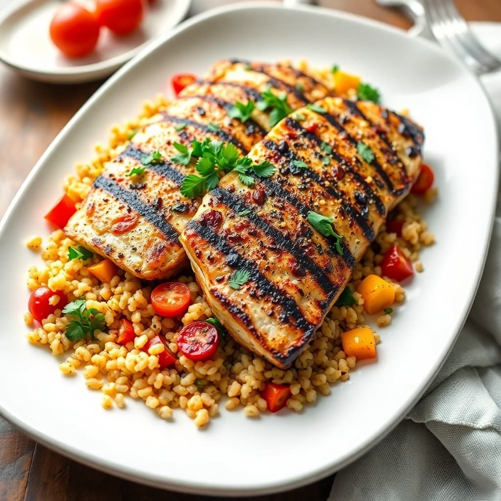 Grilled Mediterranean Branzino with Roasted Vegetable Quinoa