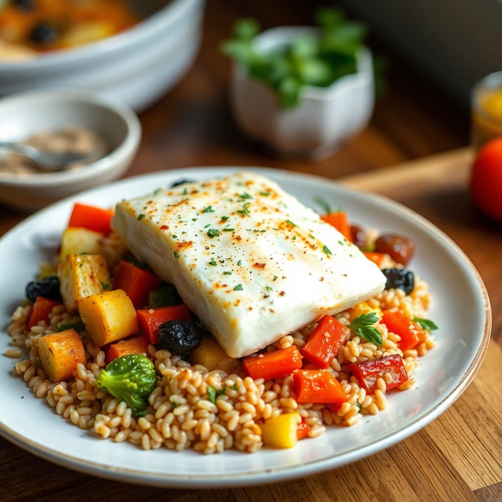 Mediterranean Baked Halibut with Roasted Vegetables and Farro