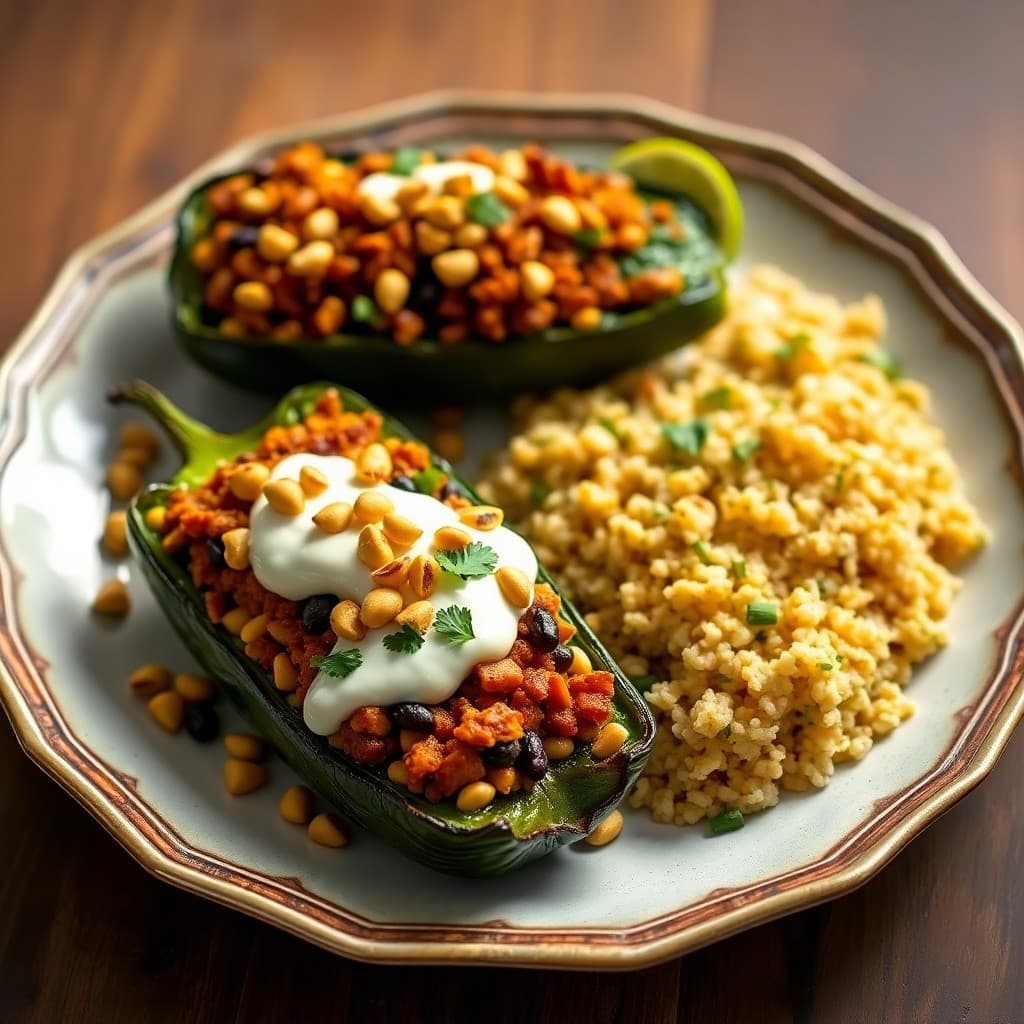 Mexican Street Corn & Black Bean Stuffed Poblano Peppers with Cilantro-Lime Quinoa