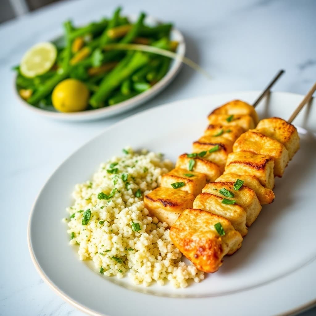 Lemon Garlic Chicken Skewers with Herbed Couscous