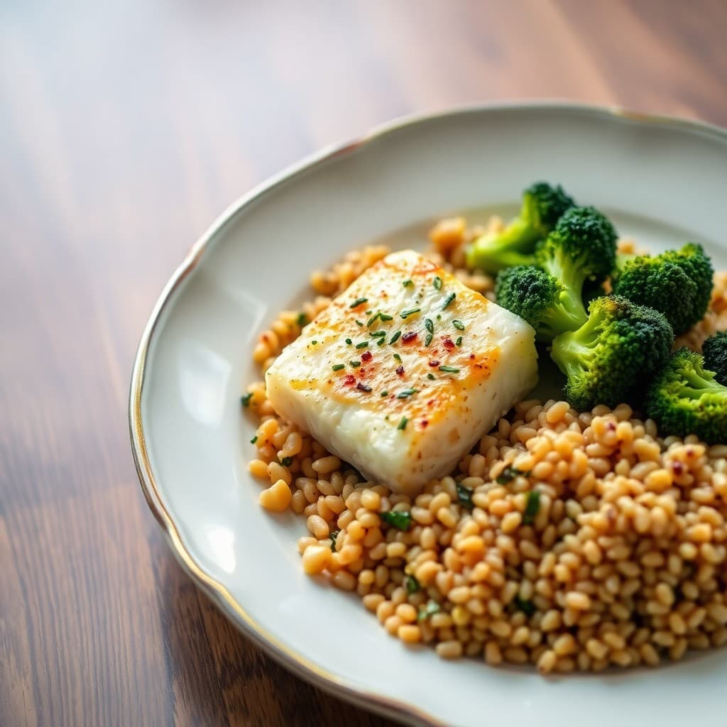 Mediterranean Baked Cod with Roasted Broccoli and Farro