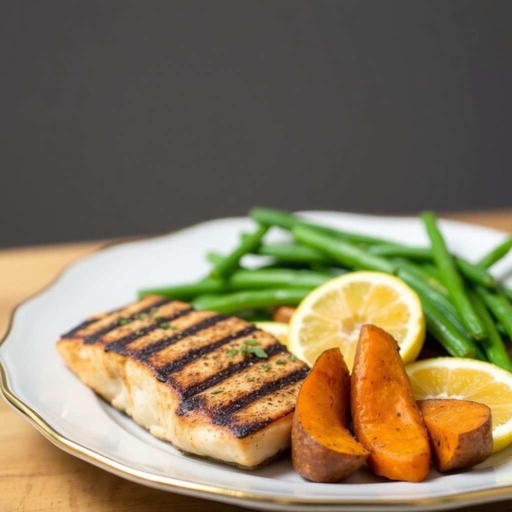 Grilled Citrus Mahi-Mahi with Roasted Sweet Potato Wedges and Garlic-Herb Green Beans