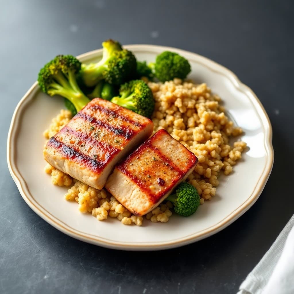 Seared Garlic Ginger Tuna Steaks with Roasted Broccoli and Quinoa