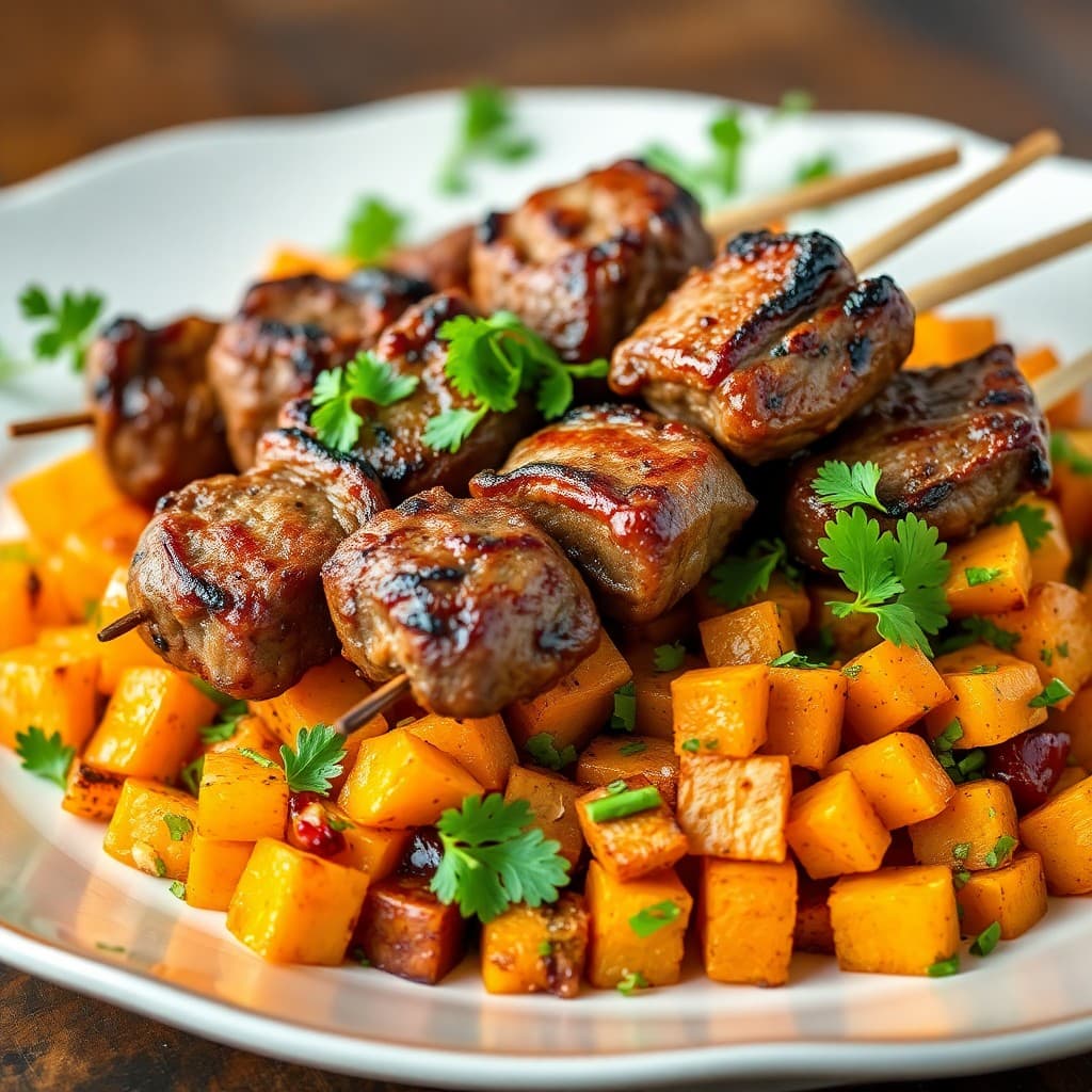 Grilled Moroccan Spiced Lamb Skewers with Roasted Sweet Potato Salad