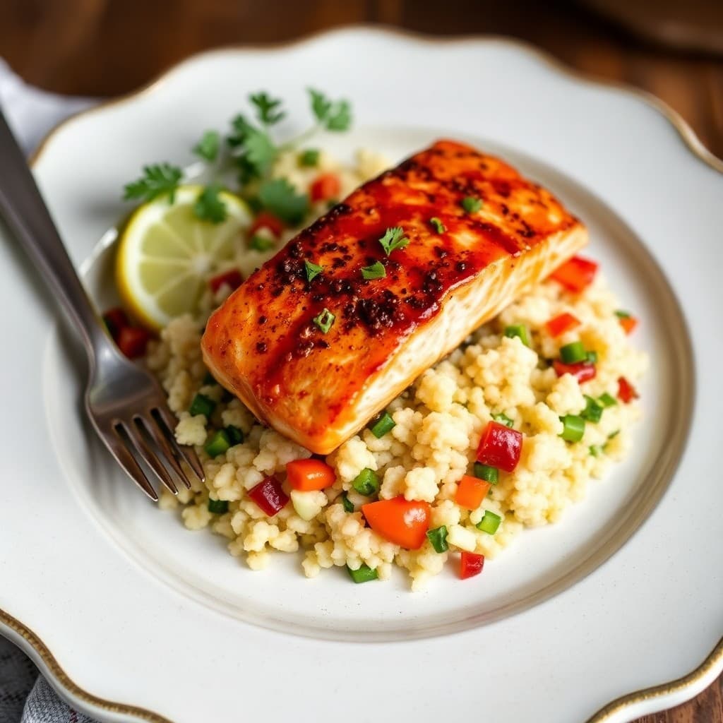 Seared Chili-Lime Salmon with Cauliflower Rice Pilaf
