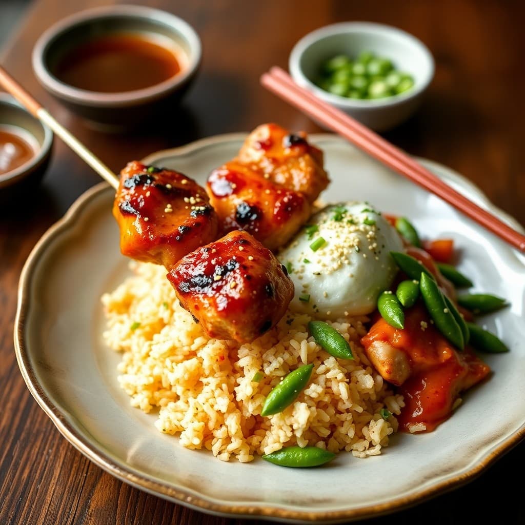 Japanese Yakitori Chicken Skewer Bowl with Sesame Edamame & Crispy Garlic Rice