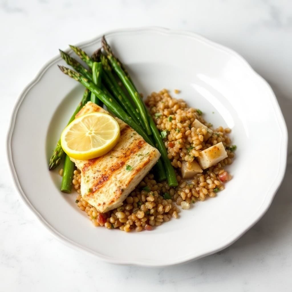 Grilled Lemon-Herb Cod with Roasted Asparagus and Farro Salad