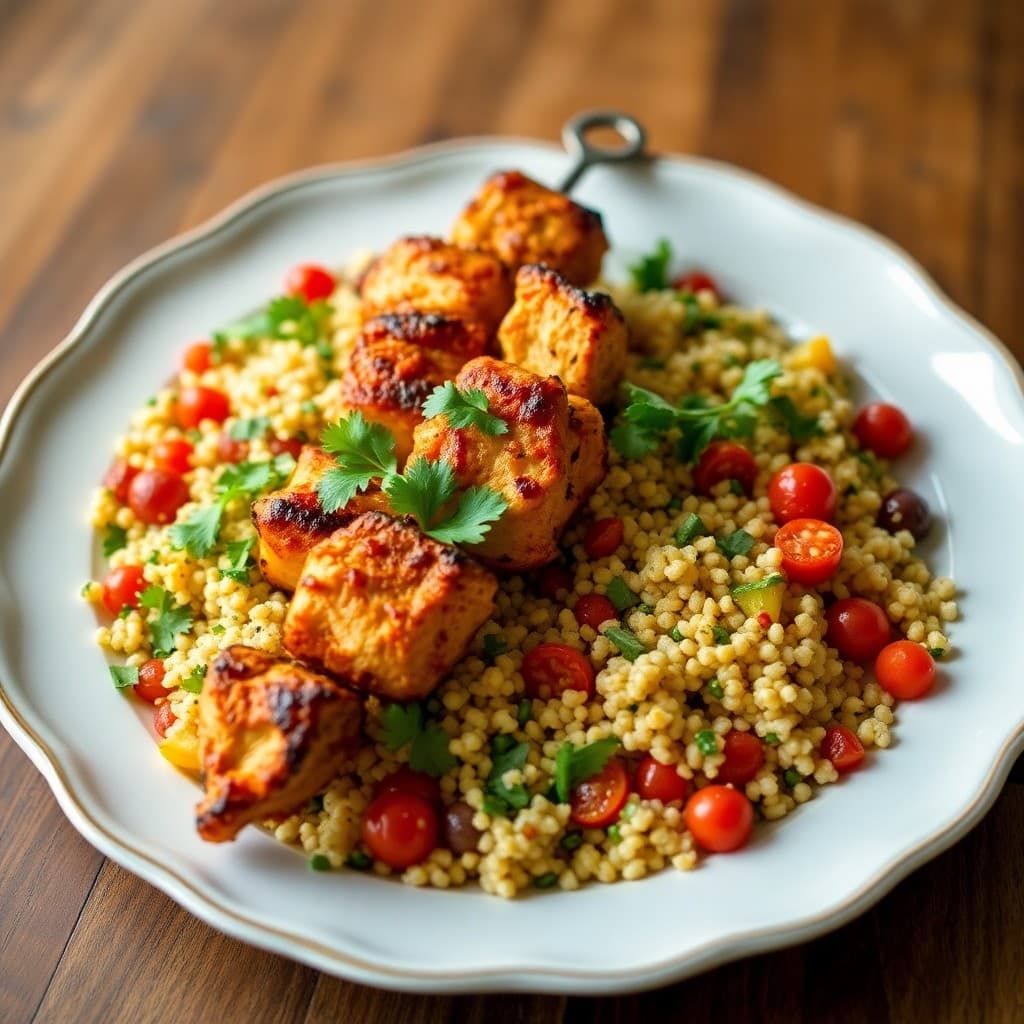 Zesty Moroccan Chicken Skewers with Roasted Vegetable Couscous