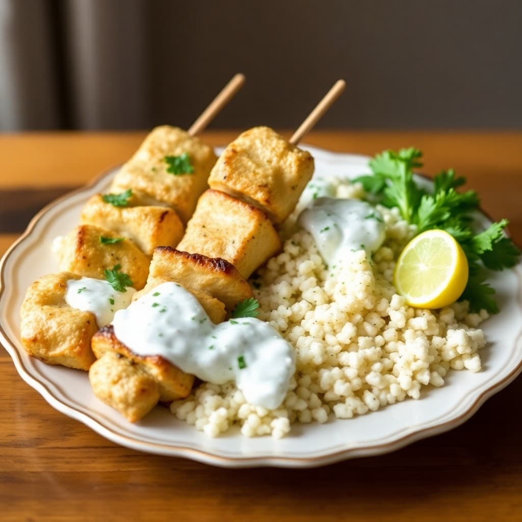 Greek Lemon Chicken Skewers with Tzatziki Couscous