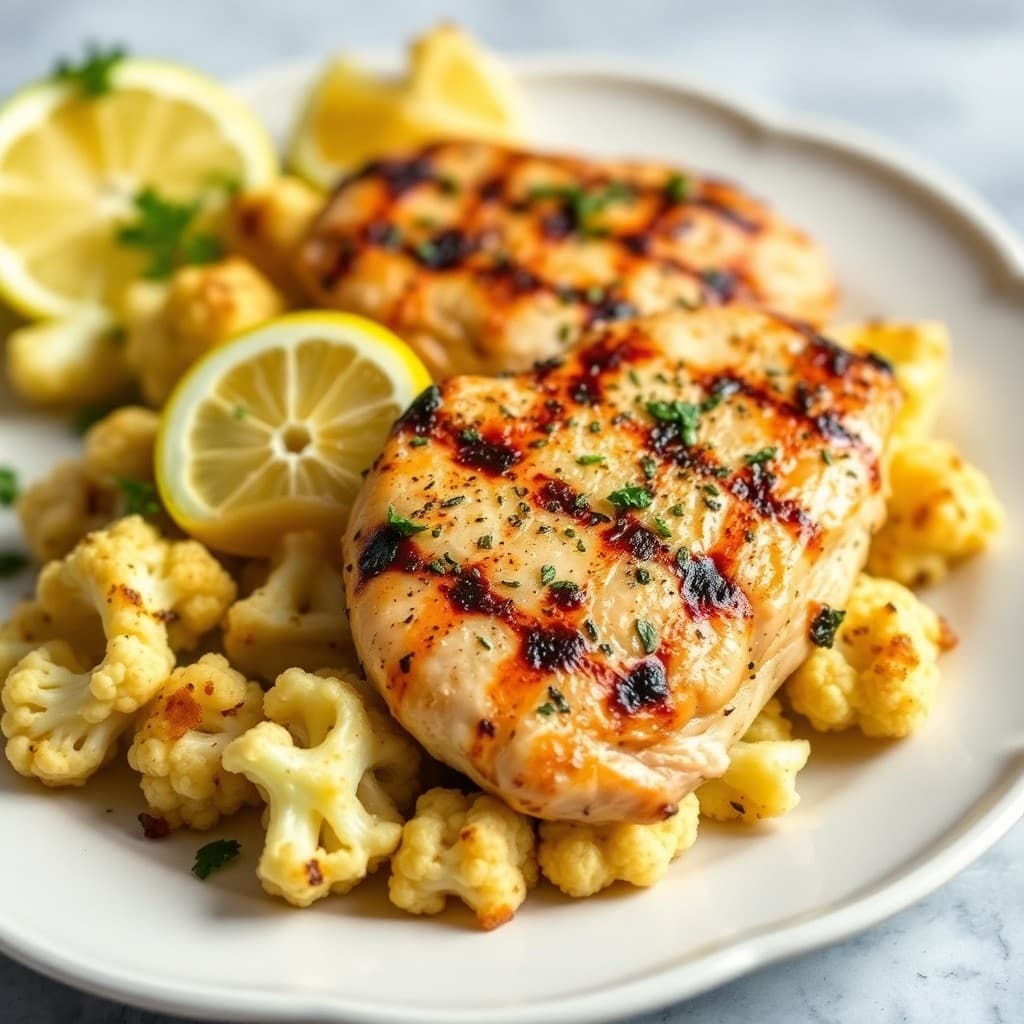 Grilled Lemon-Herb Chicken with Roasted Garlic Cauliflower