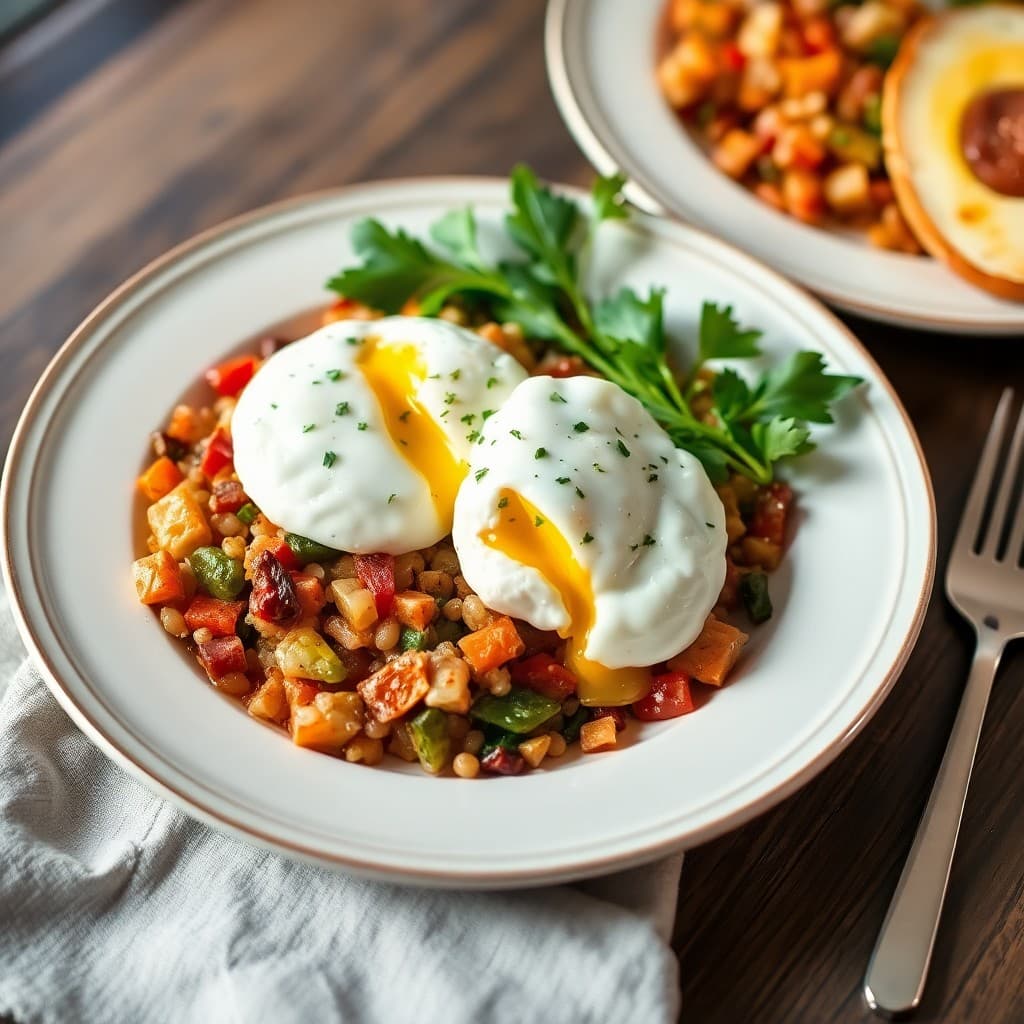 Mediterranean Winter Vegetable Hash with Poached Eggs