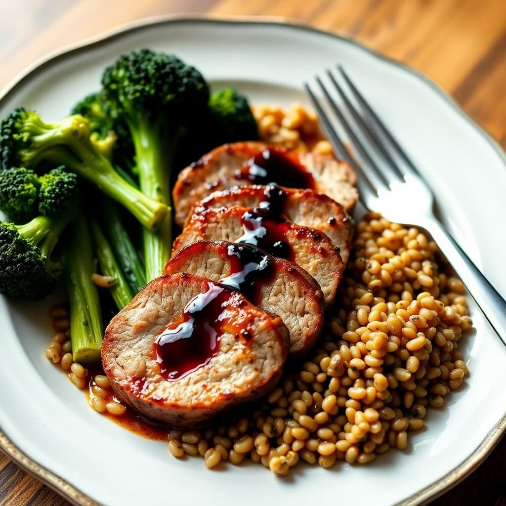 Balsamic Glazed Pork Tenderloin with Roasted Broccoli and Farro
