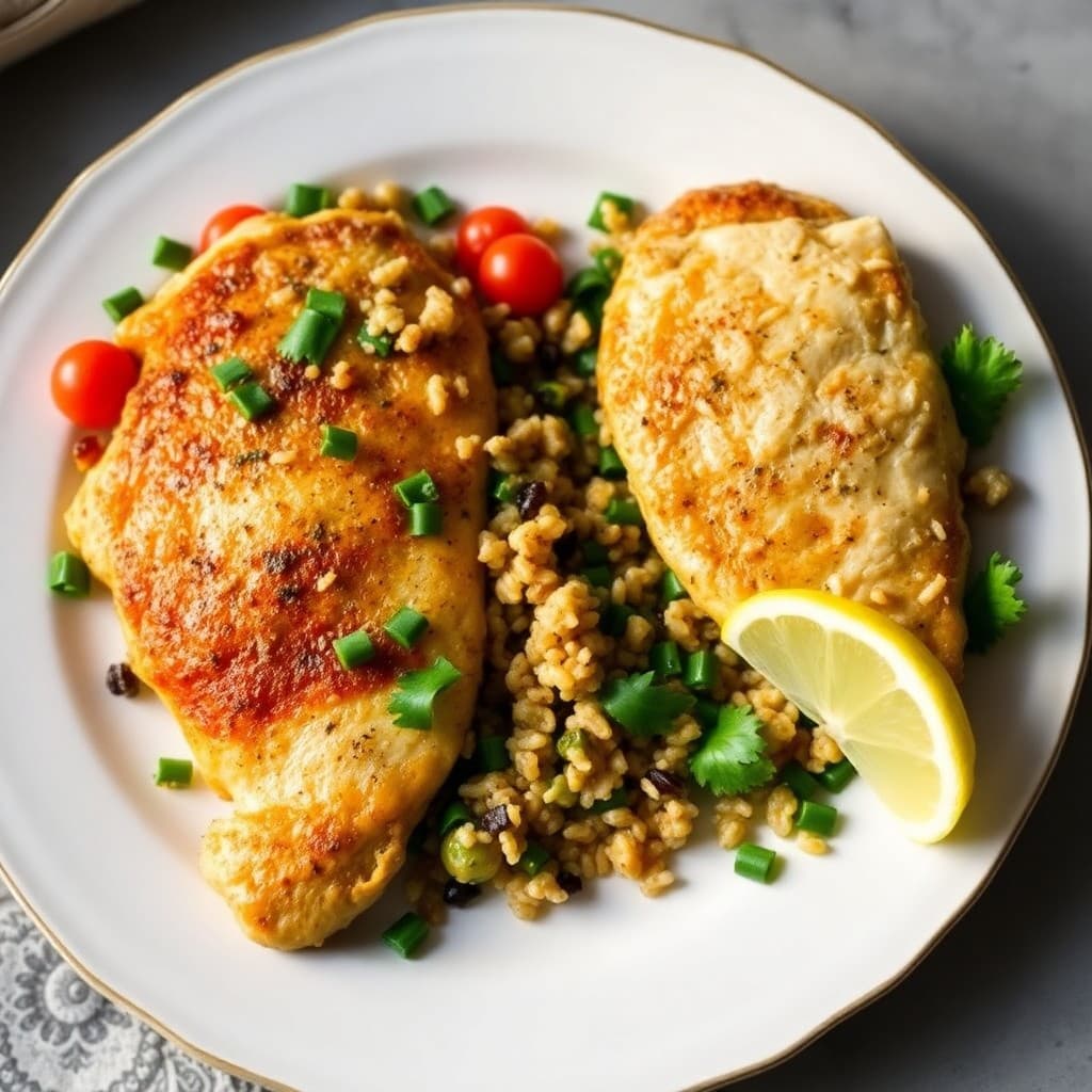 Lemon Garlic Chicken Paillard with Mediterranean Quinoa