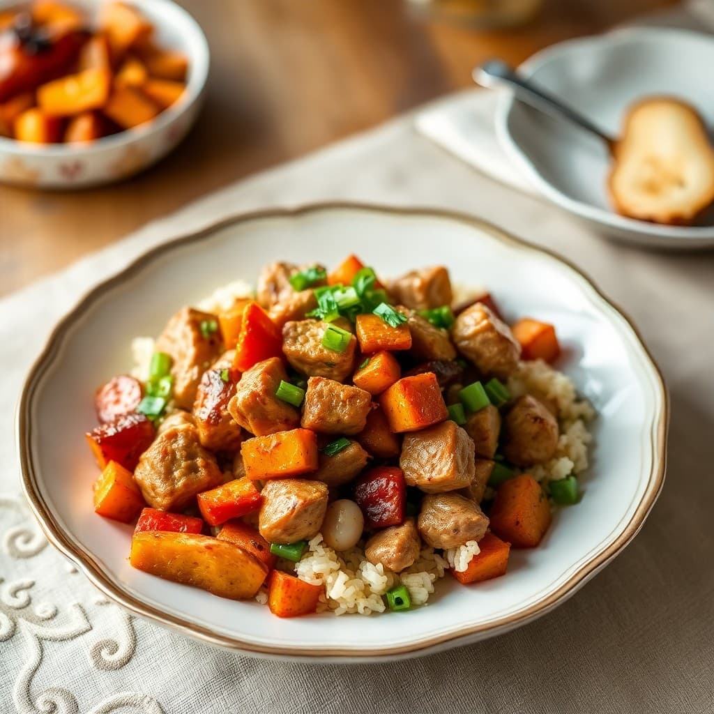 Sizzling Garlic Ginger Pork Stir-Fry with Roasted Sweet Potato Medley