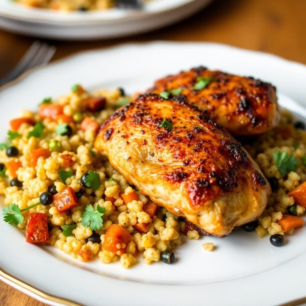 Seared Moroccan Spiced Chicken Thighs with Roasted Vegetable Couscous