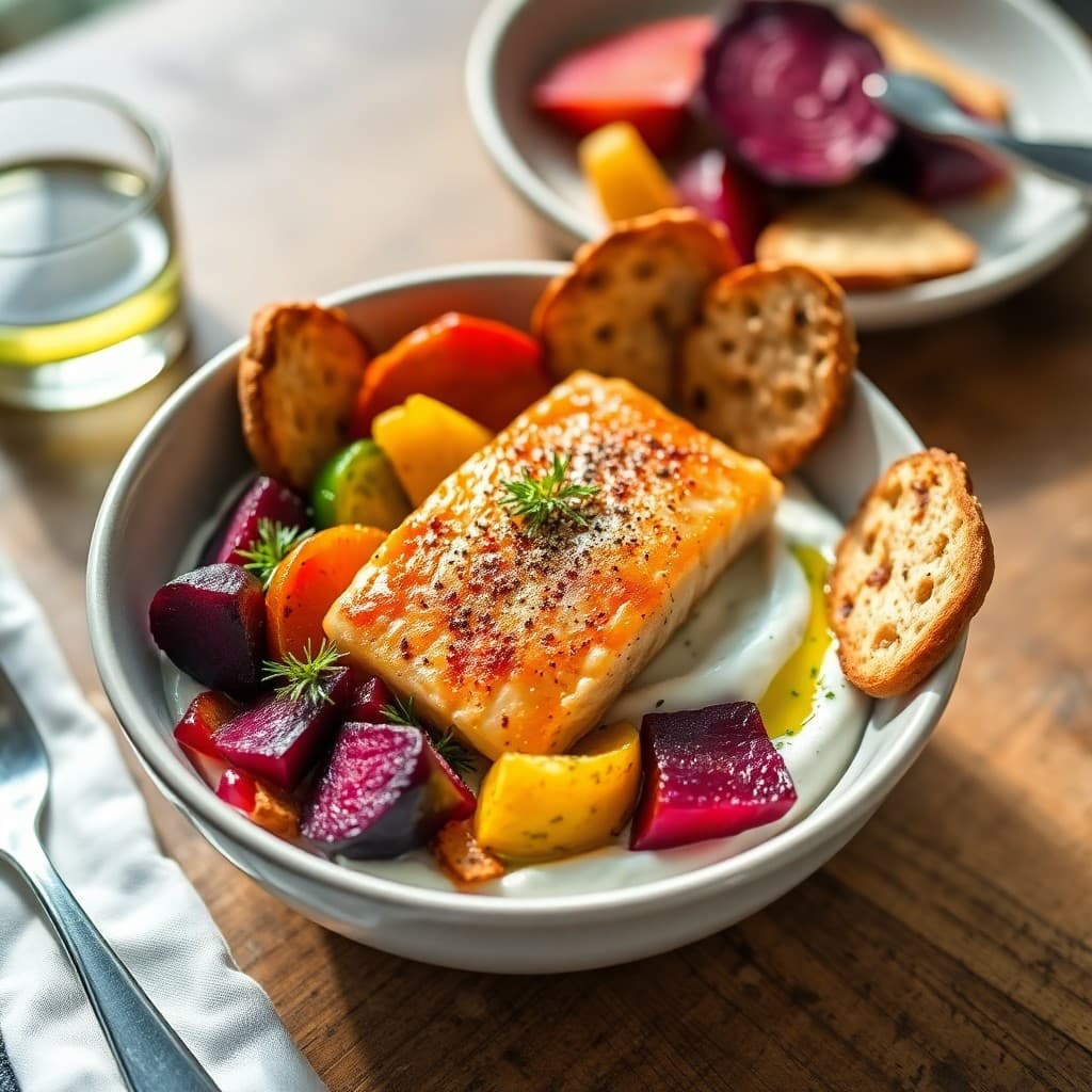 Turkish Herbed Whipped Yogurt Breakfast Bowl with Pan-Seared Sea Bass & Roasted Beet Medley