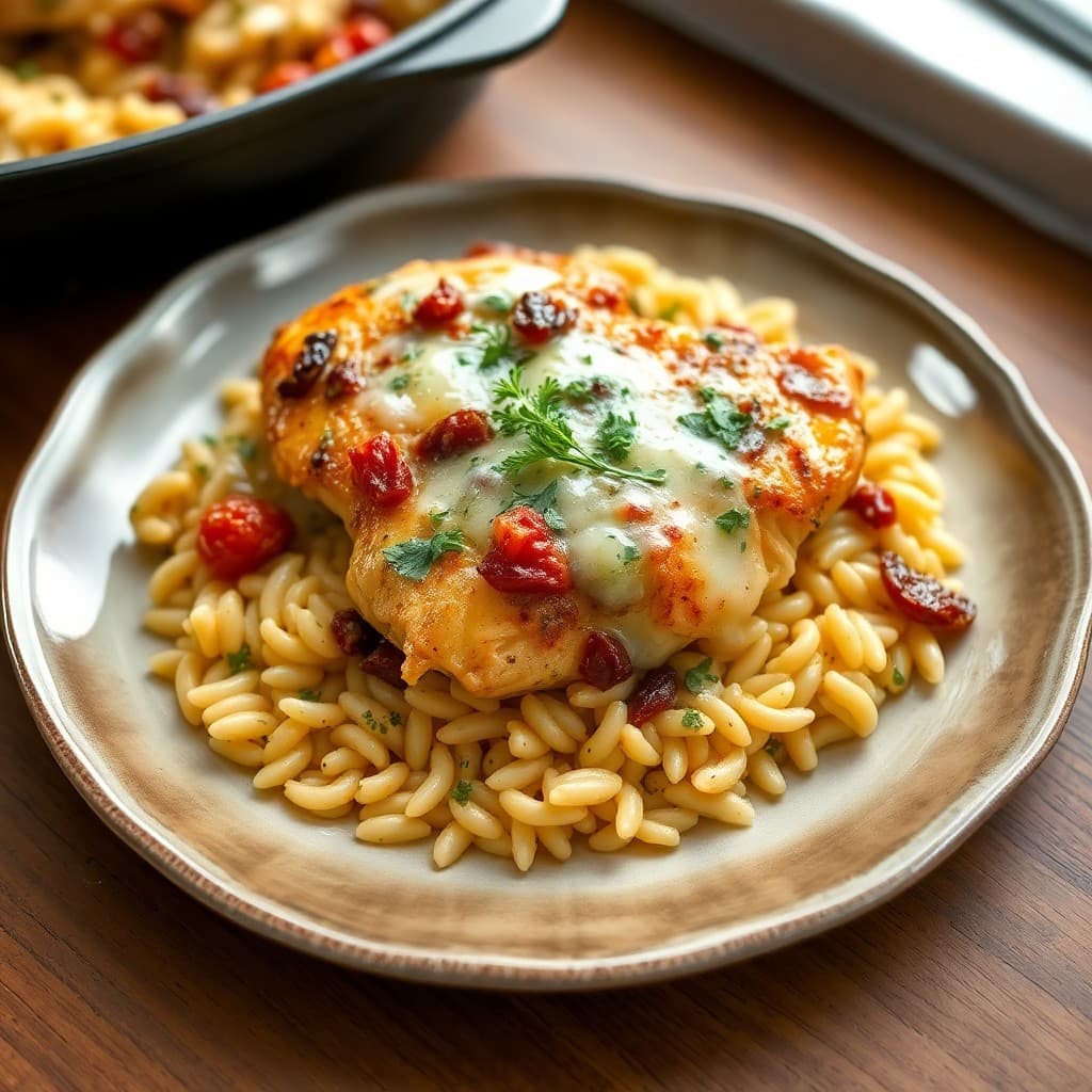 Tuscan Chicken Bake with Garlic Parmesan Orzo