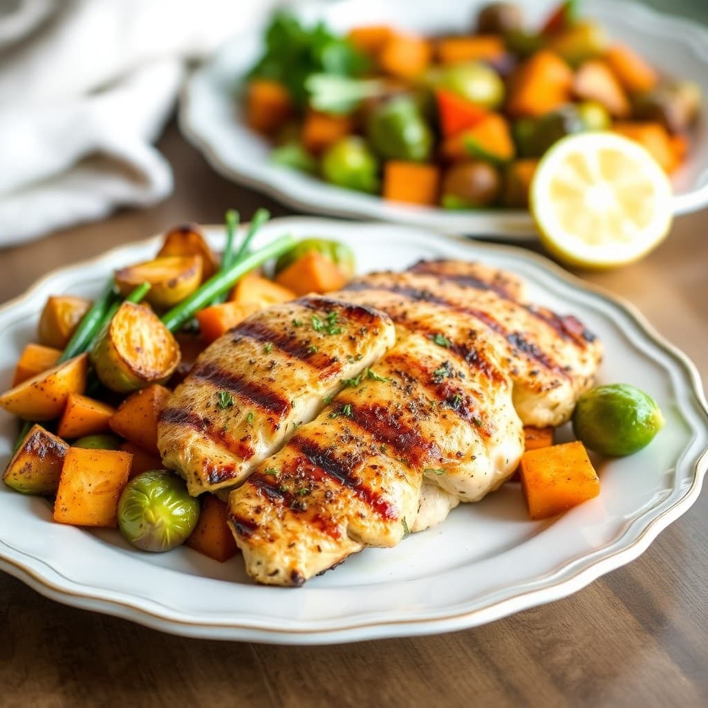 Grilled Lemon-Herb Chicken with Roasted Sweet Potato Medley