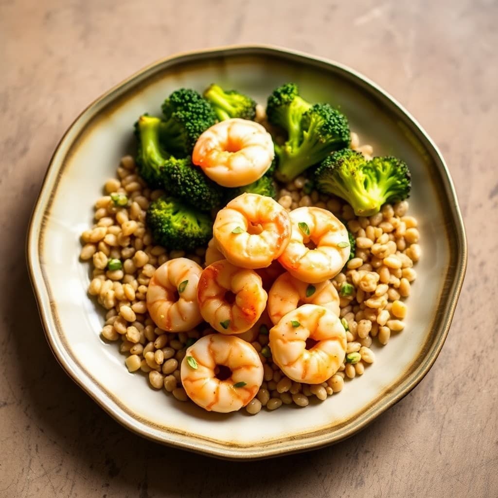 Zesty Shrimp Sauté with Roasted Garlic Broccoli and Barley