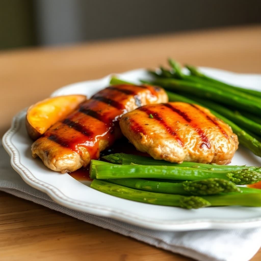 Teriyaki Grilled Chicken with Roasted Sweet Potato and Asparagus