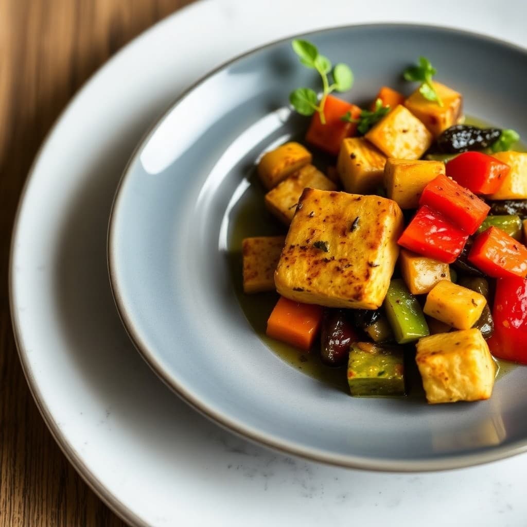 Seared Ginger-Garlic Tofu with Roasted Vegetable Medley