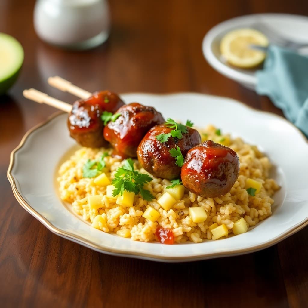 Teriyaki Beef Meatball Skewers with Pineapple Rice