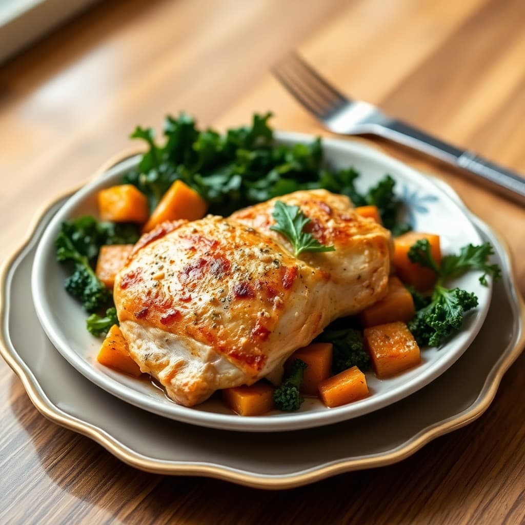 Paleo Autumn Roasted Chicken with Butternut Squash and Kale
