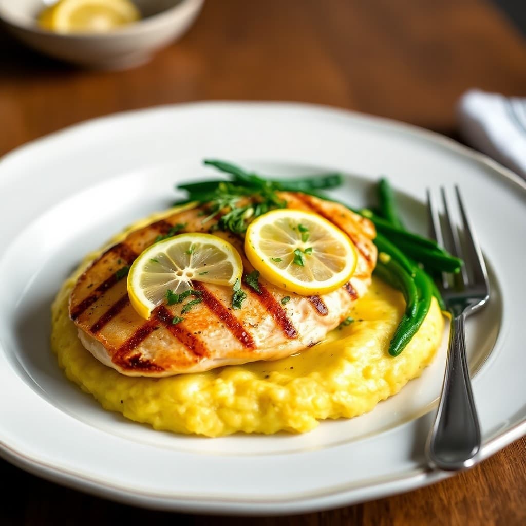 Sicilian Lemon-Herb Grilled Chicken with Creamy Polenta & Garlicky Rapini