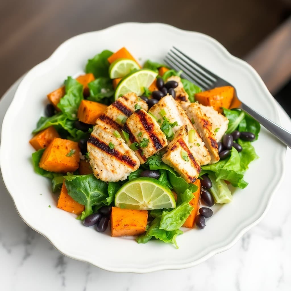Cilantro Lime Grilled Chicken Salad with Black Beans and Roasted Sweet Potato