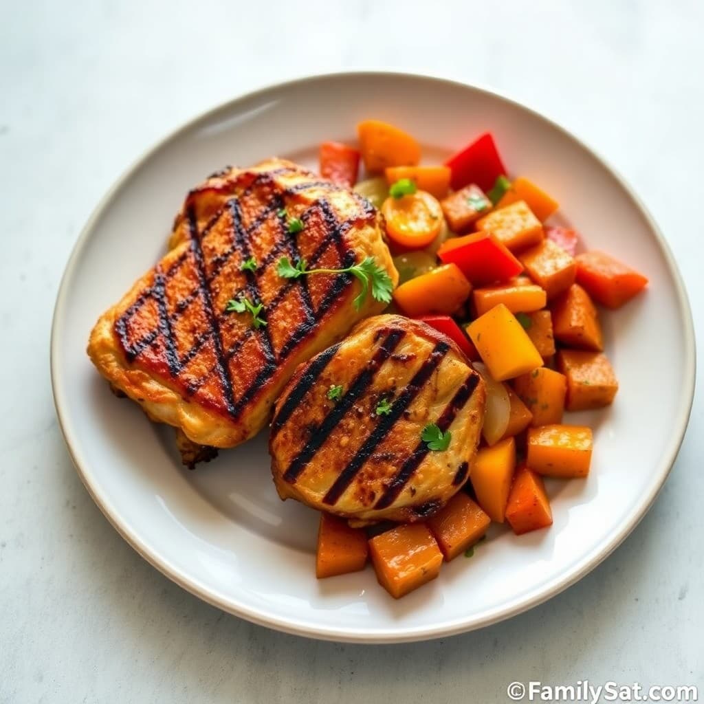Grilled Chili-Lime Chicken Thighs with Roasted Sweet Potato Medley