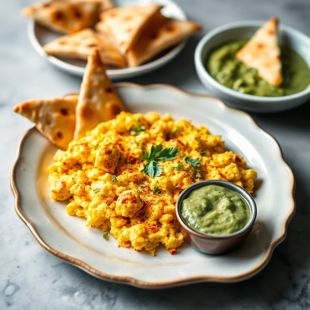 Indian-Spiced Scrambled Eggs with Cilantro Chutney & Crispy Naan Triangles