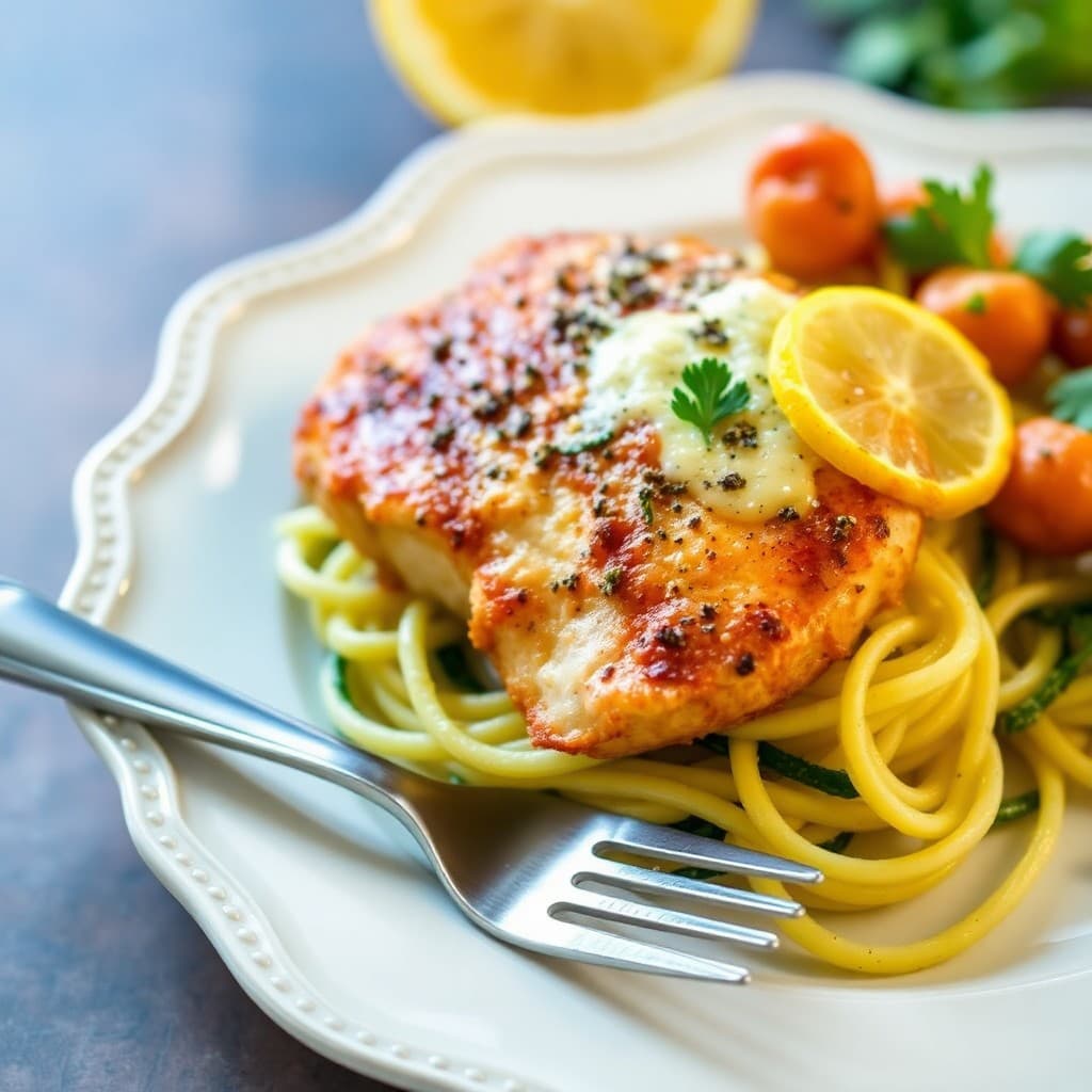 Zesty Lemon Chicken Parmesan with Garlic Parmesan Zucchini Noodles