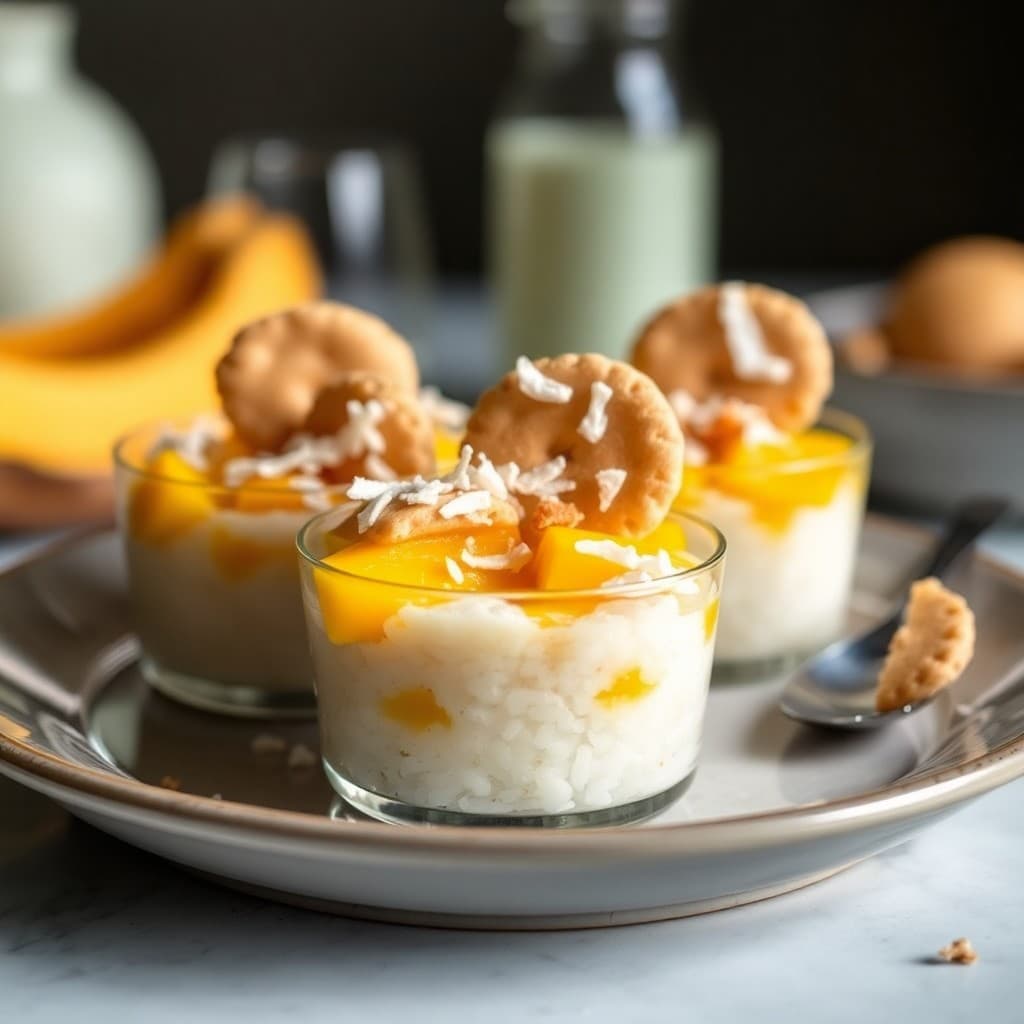 Thai Mango Sticky Rice Cups with Crispy Tuile & Toasted Coconut
