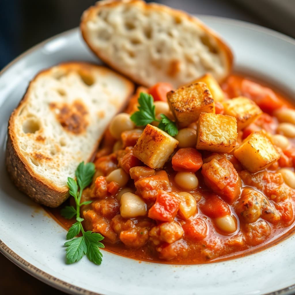 Spanish Tomato & White Bean Stew with Crispy Tempeh Croutons