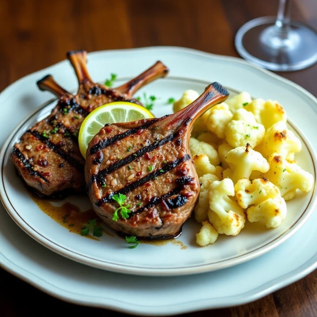 Grilled Lemon-Herb Lamb Chops with Roasted Garlic Cauliflower