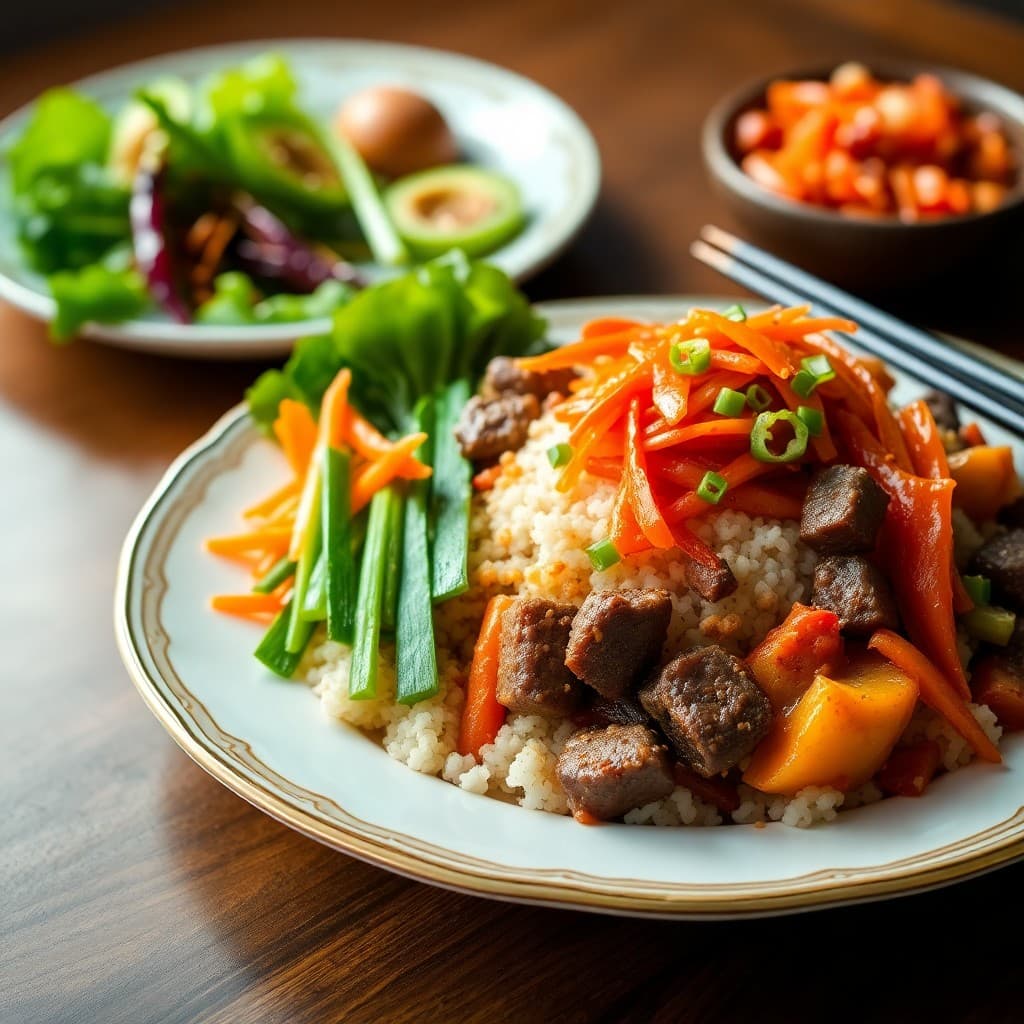 Korean Bibimbap with Beef and Kimchi