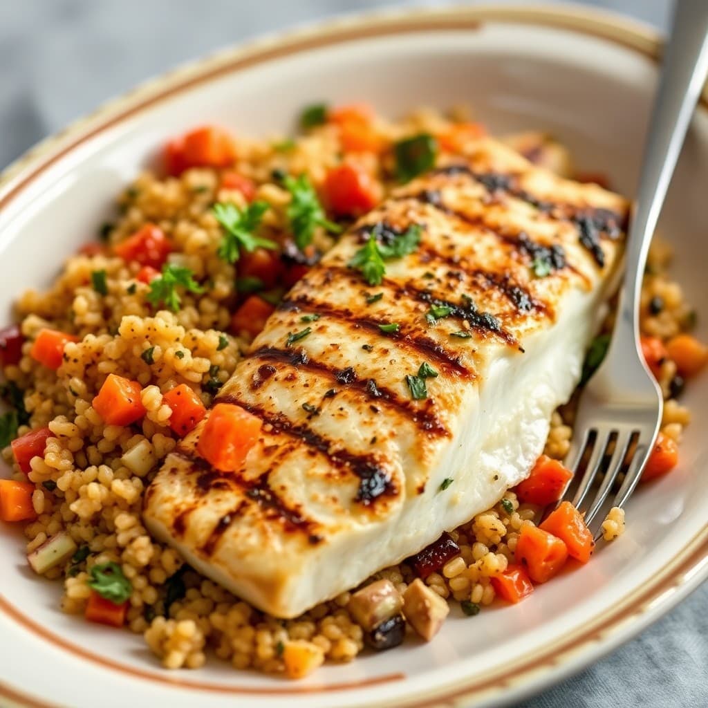 Grilled Mediterranean Sea Bass with Roasted Vegetable Quinoa
