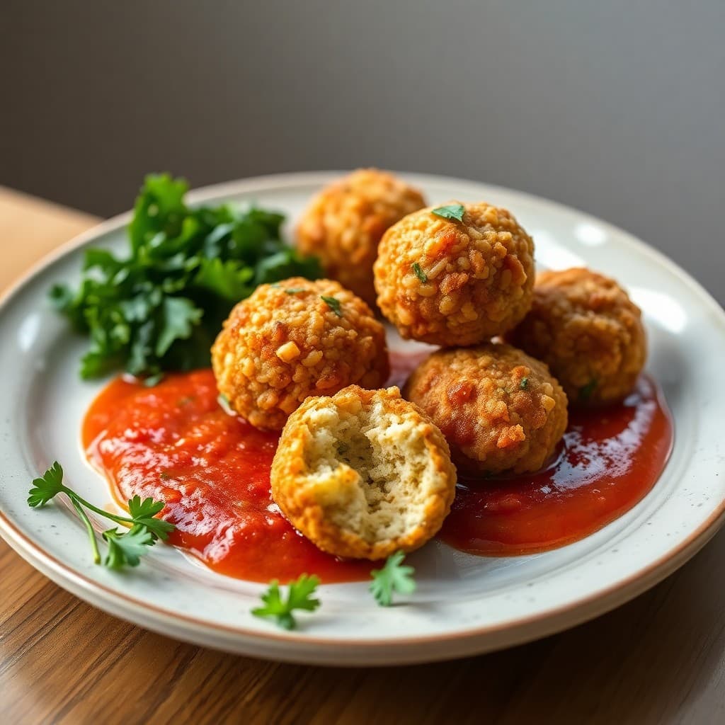 Crispy Chickpea & Quinoa Arancini with Herbed Tomato Sauce