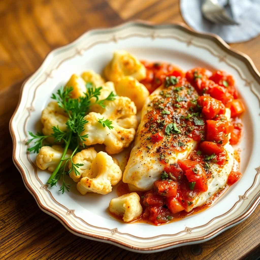 Mediterranean Baked Cod with Roasted Garlic Cauliflower