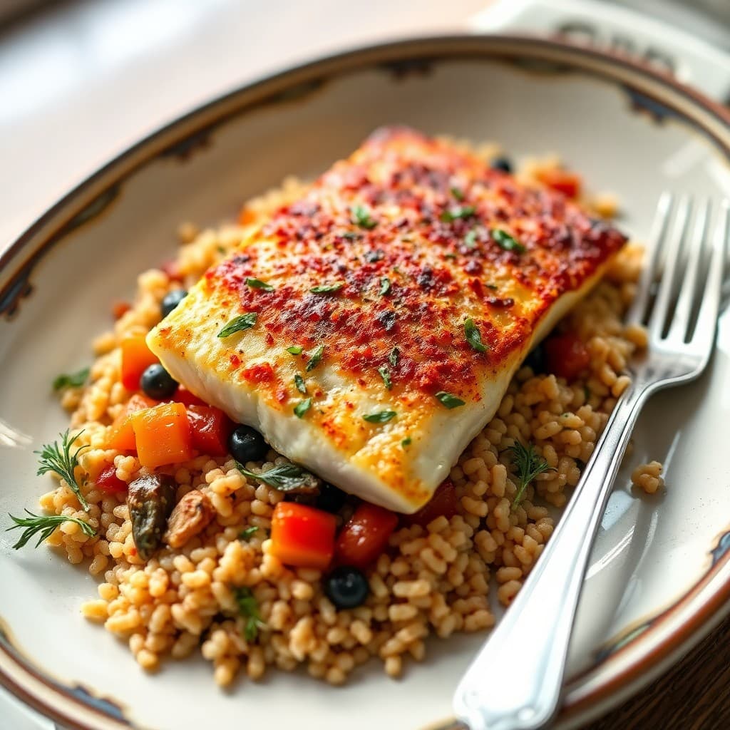 Moroccan Spiced Halibut with Roasted Vegetable Couscous