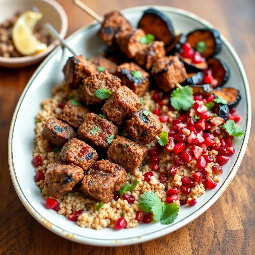Lebanese Kafta-Spiced Lamb Skewers with Charred Eggplant and Pomegranate Tabbouleh