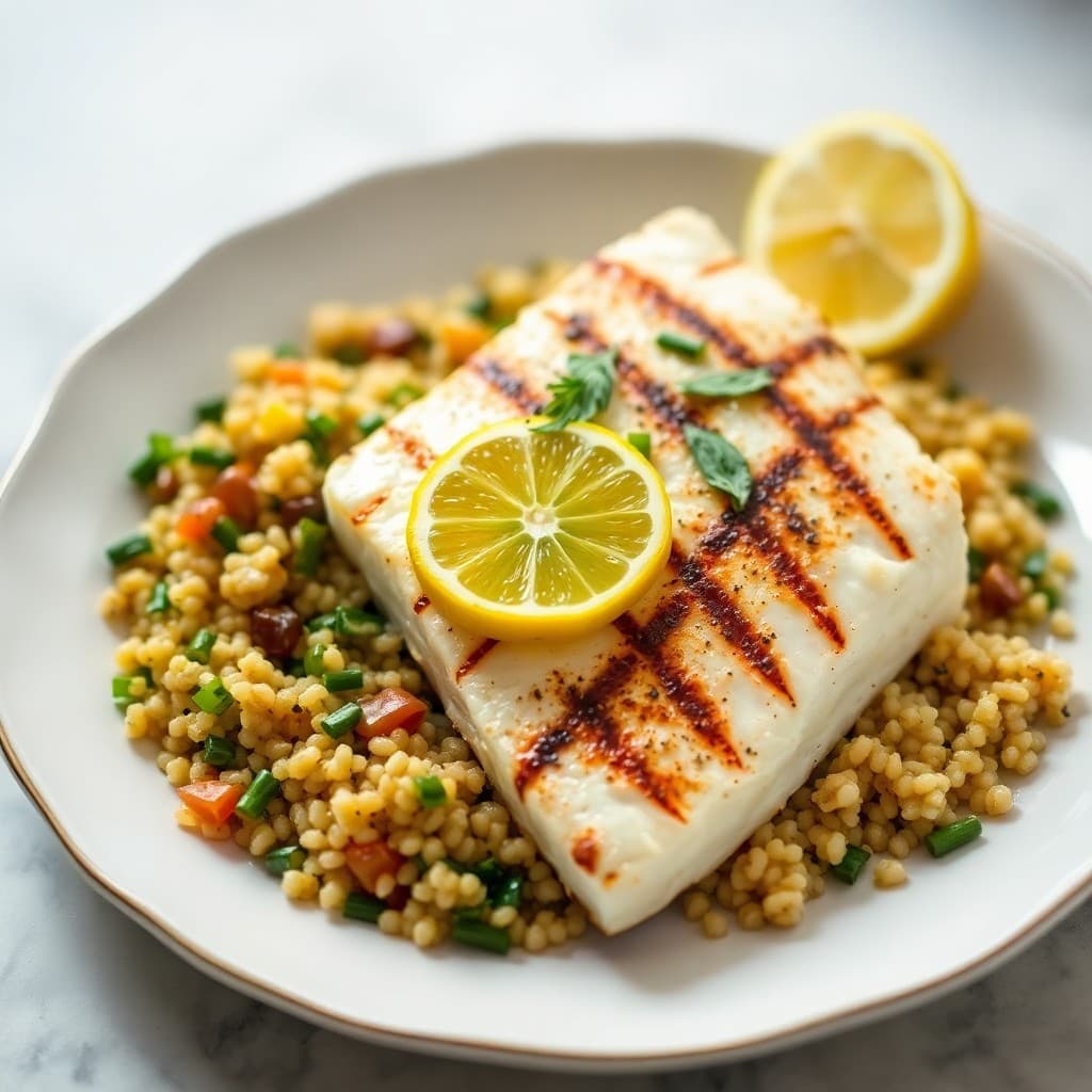 Zesty Grilled Halibut with Roasted Garlic Quinoa