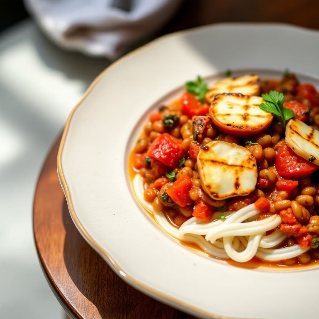 Provençal Tomato and Lentil Stew with Grilled Halloumi