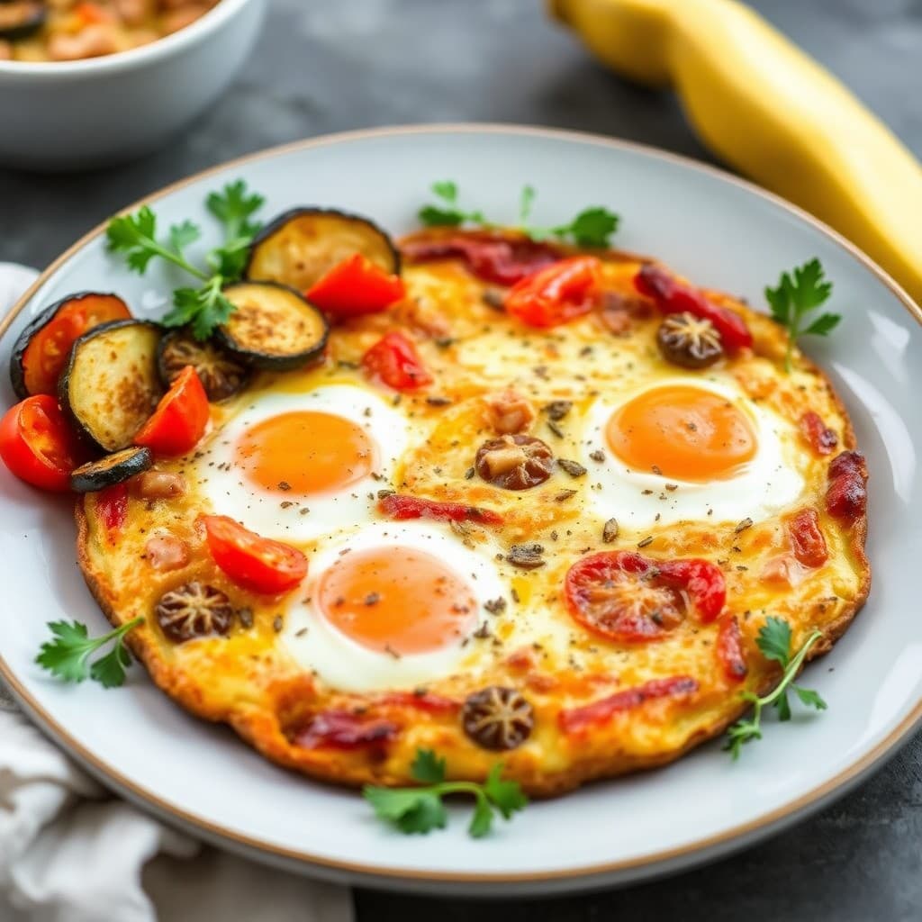 Spanish-Style Tomato & White Bean Frittata with Herb-Roasted Vegetables