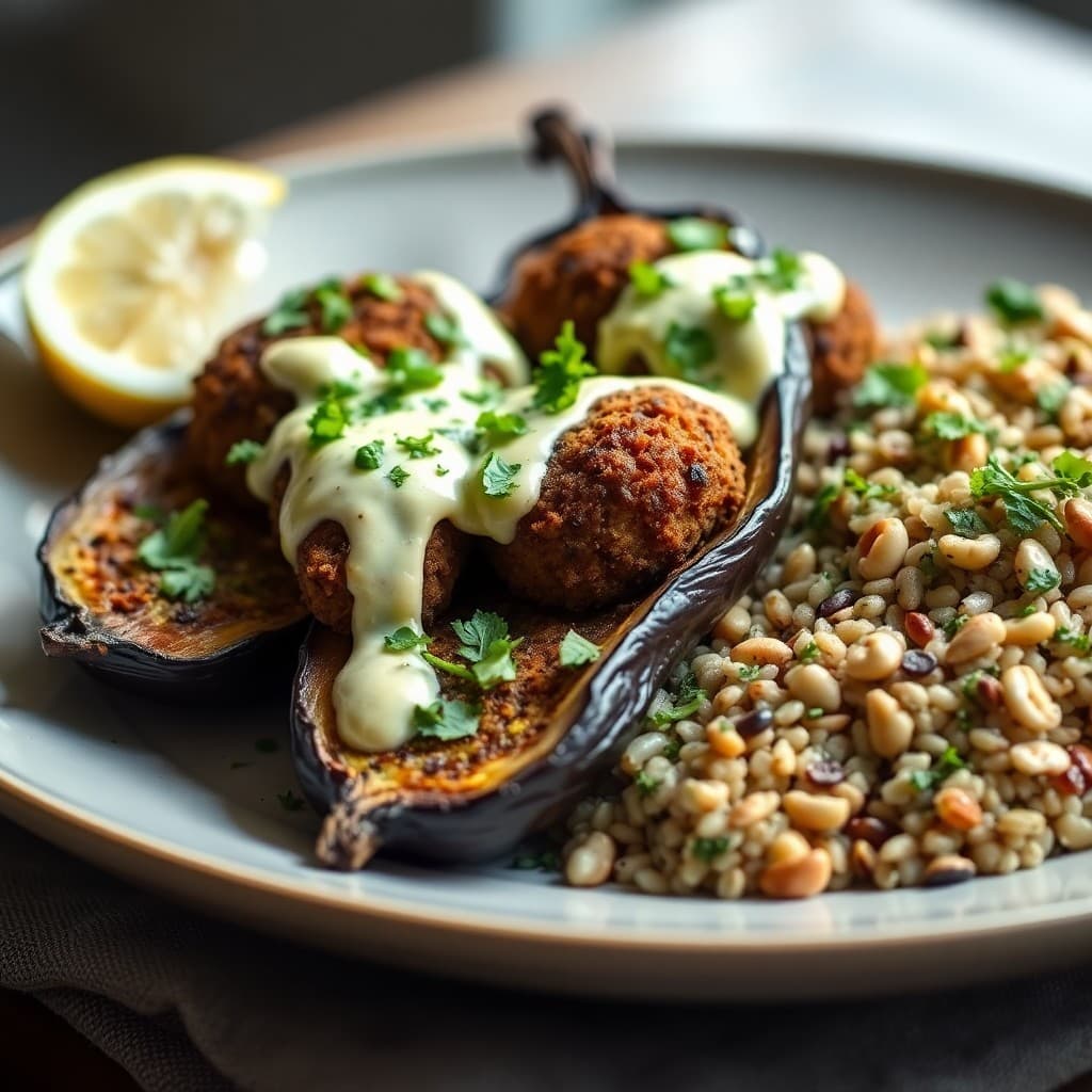 Crispy Falafel-Stuffed Eggplant with Tahini-Lemon Drizzle & Herbed Farro