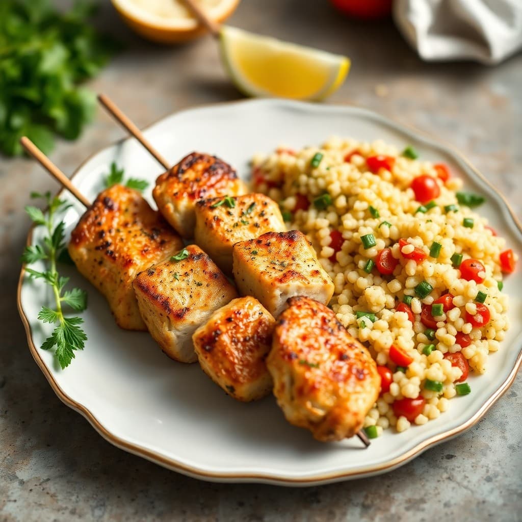 Lemon Herb Chicken Skewers with Mediterranean Couscous
