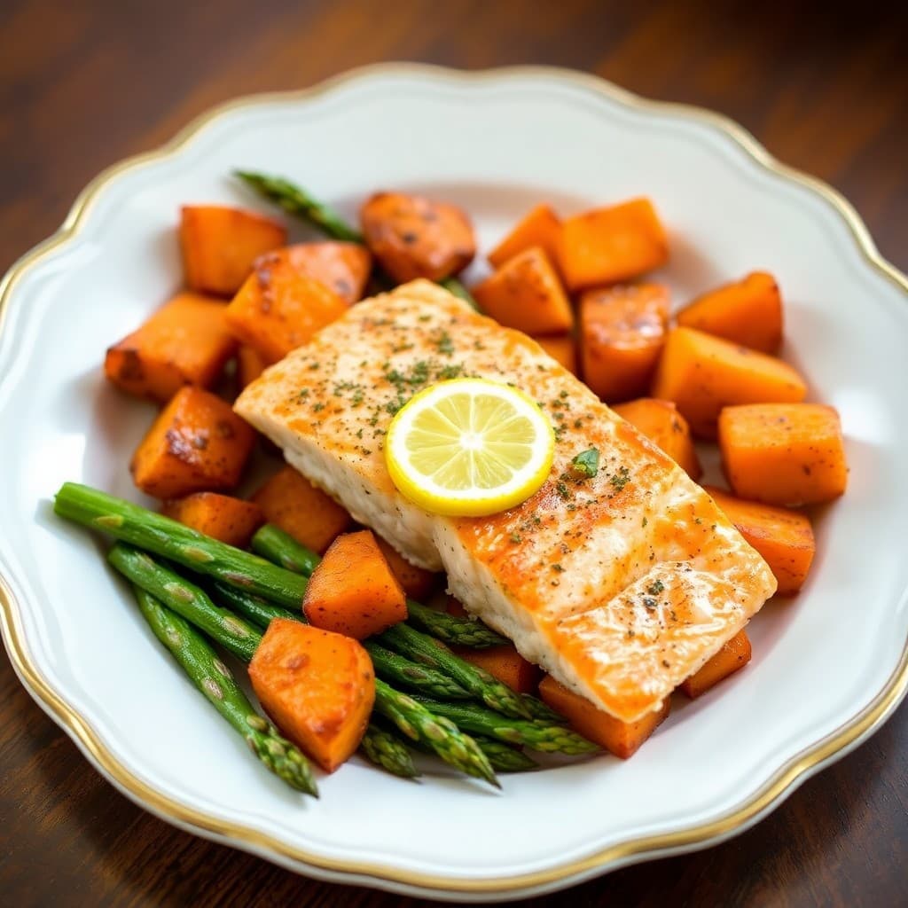 Baked Lemon-Herb Salmon with Roasted Sweet Potatoes and Asparagus